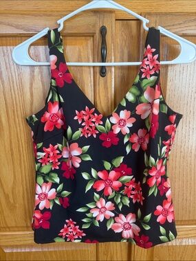 296 Lands’ End Floral Tankini Swim Top Women’s Size 14 Black Pink Tummy Control